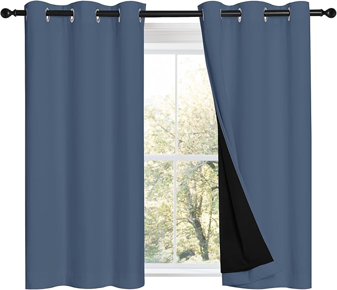 NICETOWN Stone Blue 100% Blackout Curtains with Black Liners, Thermal Insulated Full Blackout 2-Layer Drapes, Energy Efficiency Window Draperies for Boy's Room (2 Panels, 42-inch W by 45-inch L)
