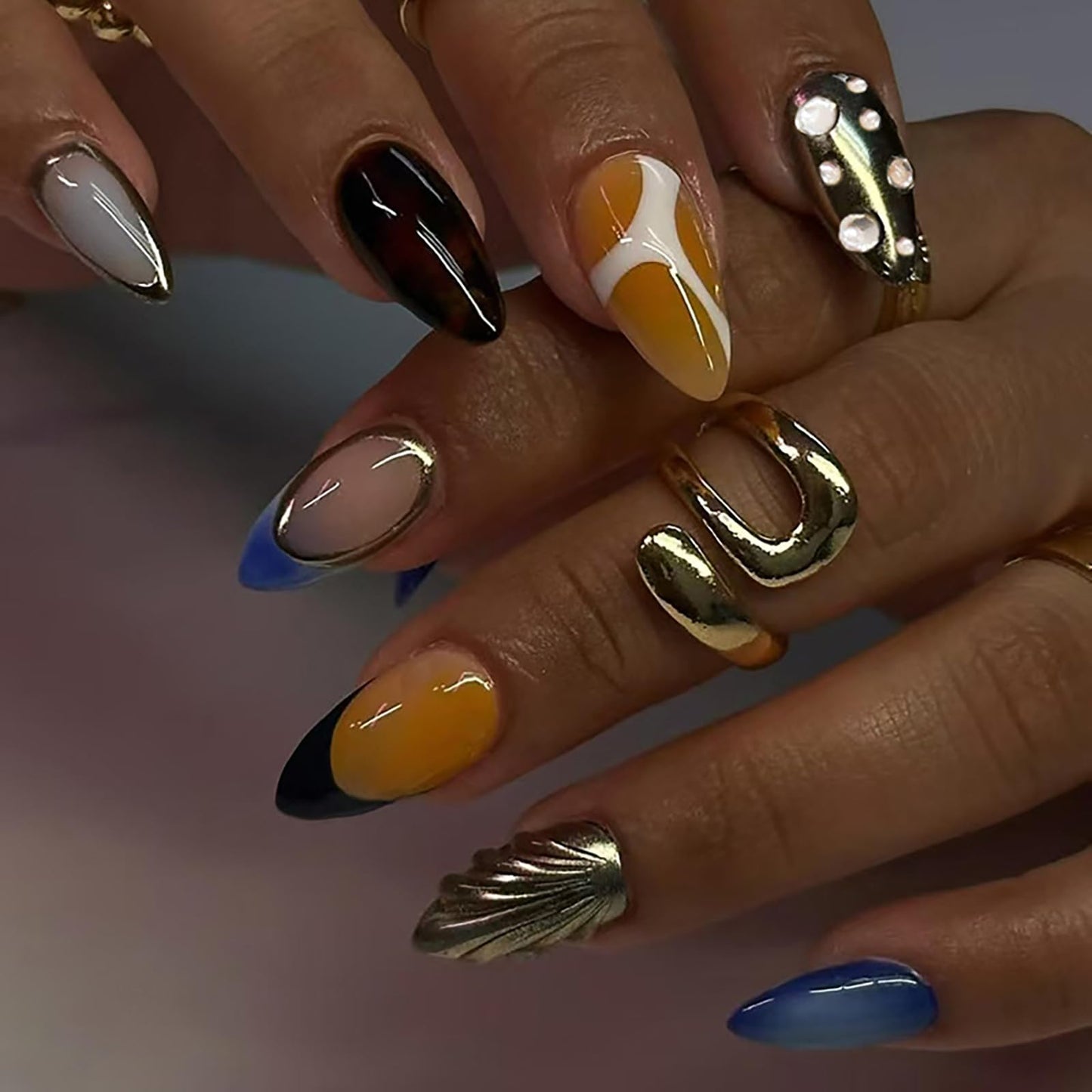 24 Pcs 3D Almond Press on Nails Medium Fake Nails with Glue Artificial Acrylic Nails French Tip False Nails with Glitter Rhinestone Design Handmade Nails Press ons Reusable Stick on Nails for Women