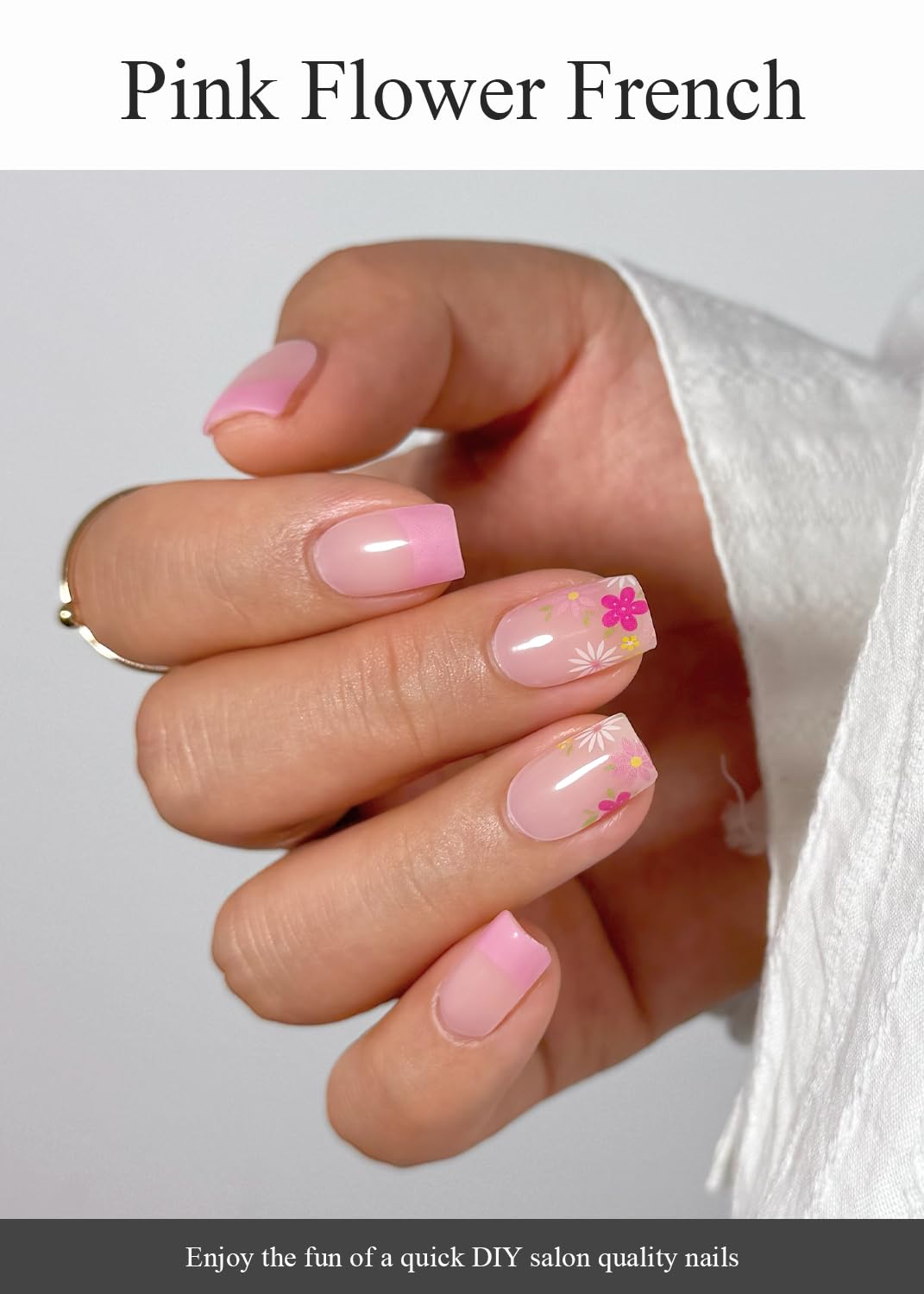 AutyaMee Semi Cured Gel Nail Strips (Pink Flower French), Summer, 20 Pcs Gel Nail Wraps, Stickers, UV Light Required, Salon Quality, Long Lasting