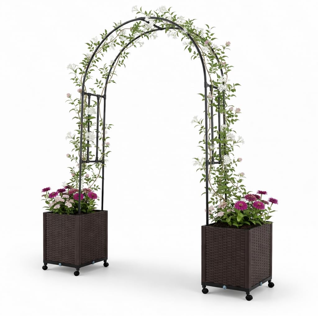 Giantex Metal Garden Arch Trellis Arbor with 2 Self-Watering Planter Boxes, 80" L x 16" W x 91" H PE-Coated Archway with Lockable Rolling Wheels for Climbing Vines, Yard Lawn Party Decorations