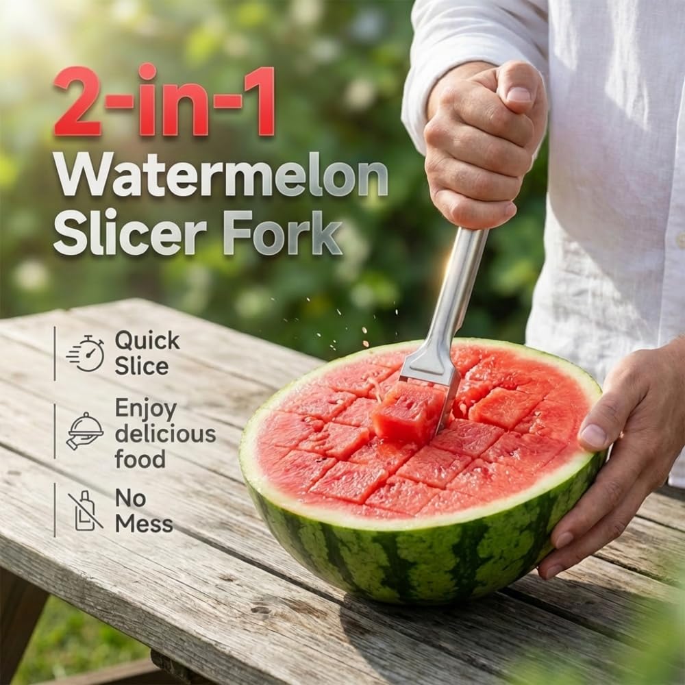 2-in-1 Stainless Steel Fruit Cutter,Dual Head Watermelon Fork Slicer Tool, 2026 New Summer Fruit Watermelon Cutter Slicer Tool,For Home Party Camping Picnics Kitchen Gadget (2PC)