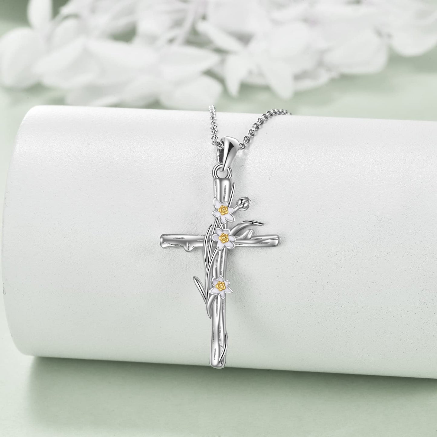 LUHE Women's Cross Necklace - Sterling Silver Daffodils Religious Cross Pendant - Jewelry Gift for Christmas or March Birth Flower