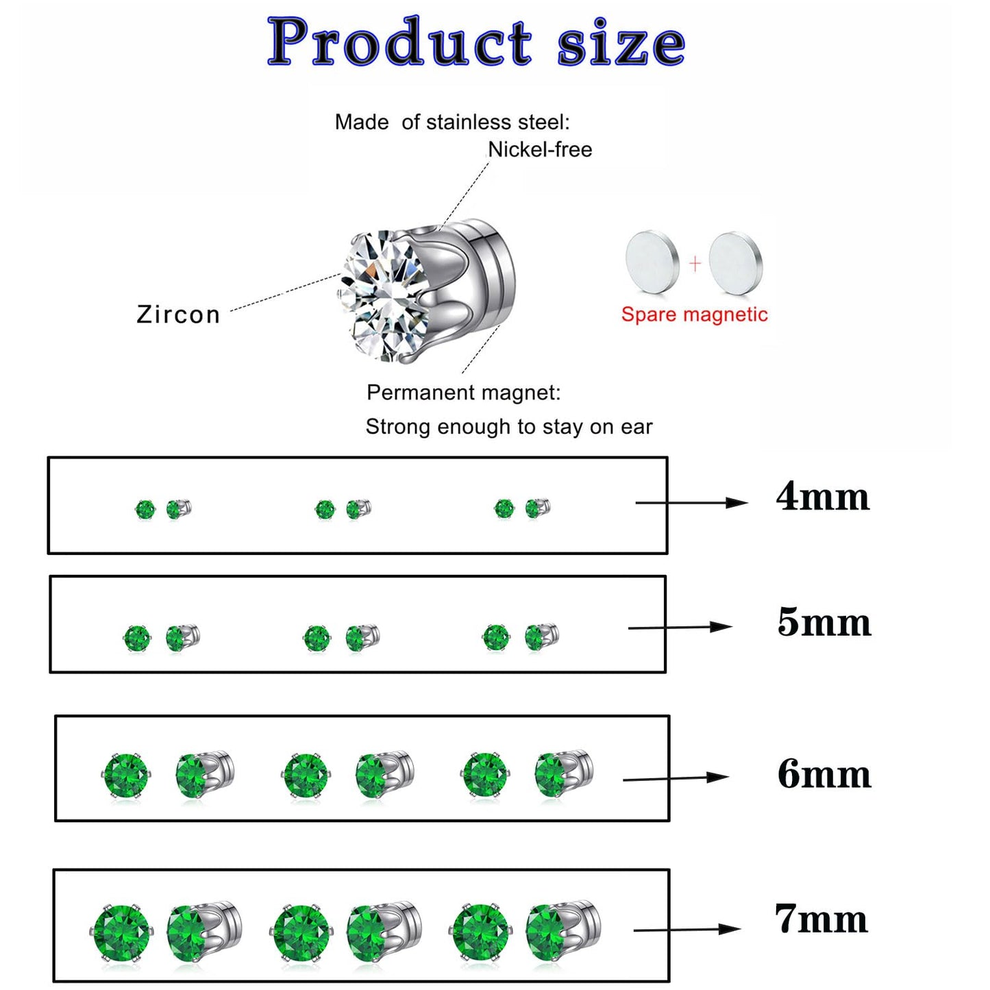 Spiritlele 12 Pairs Green Small Big Cubic Zirconia Magnetic Earrings Clip on Non Piercing Earrings Set Unisex 4MM-7MM