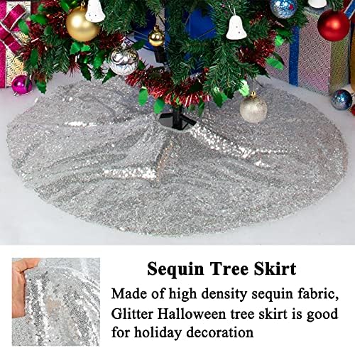 AMZLOKAE Silver Tree Skirt - 48 Inch Sequin Xmas & Halloween Tree Skirt - Sparkle Holiday Decorations