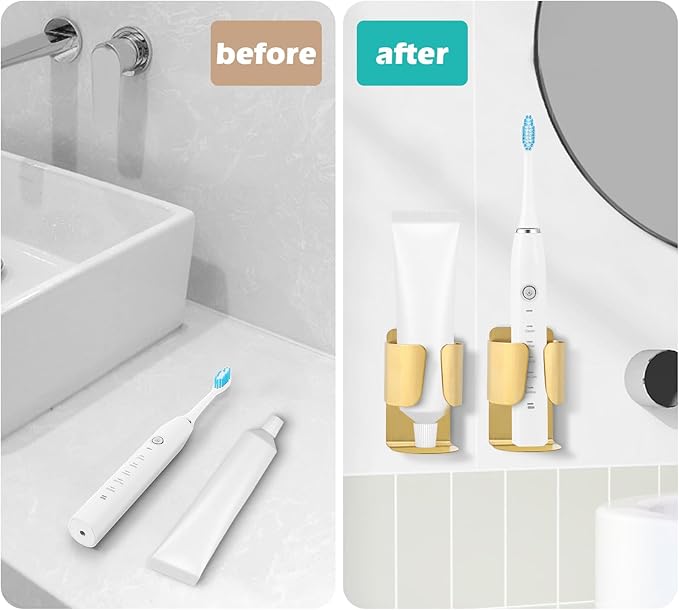 Electric Toothbrush Holder Wall Mount, 304 Stainless Steel Self-Adhesive Bathroom Organizer for Electric Toothbrush, Toothpaste & Face Wash-Space Saving, Waterproof, Holds Up to 10lbs (Golden 2 Pack)