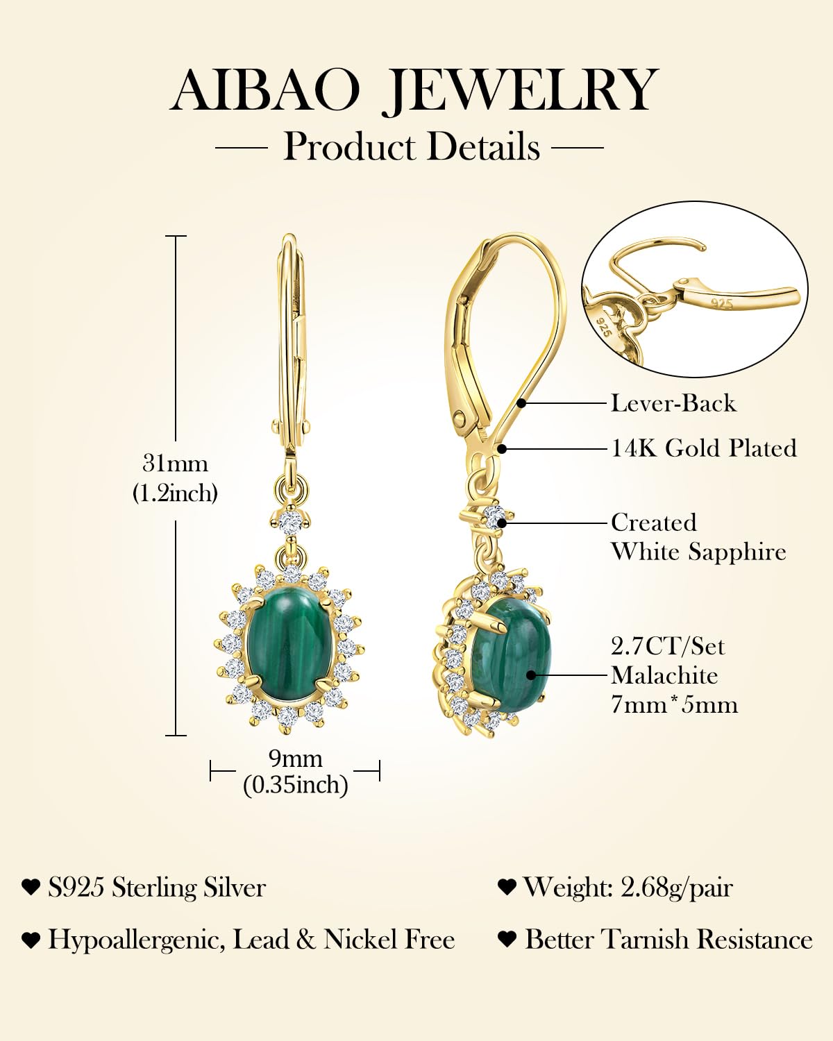 AIBAO Malachite Dangle Earrings for Women Green Crystal Snowflake Dangling Earrings Boho Jewelry Sterling Silver Oval Malachite Drop Earrings