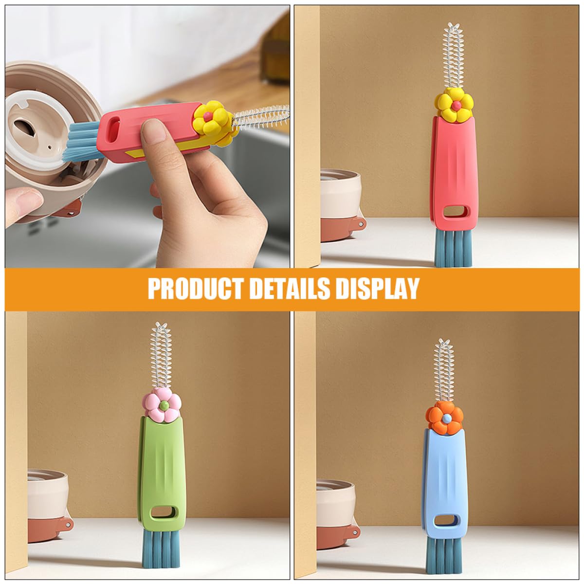 Lurrose Multi-Function Groove Brush Lid Cleaner Set with Hanging Handle, Small Flower Design, Bottle and Cup Crevice Cleaning Brush for Daily Household Use, 3pcs Kit