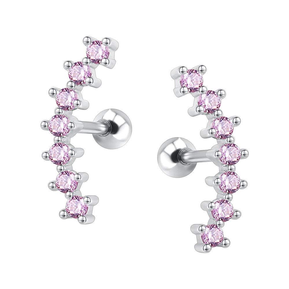 ZS Curve Seven Stud CZ Stud Earrings 316L Stainless Steel Ear Helix Conch Cartilage Piercing (Pink)
