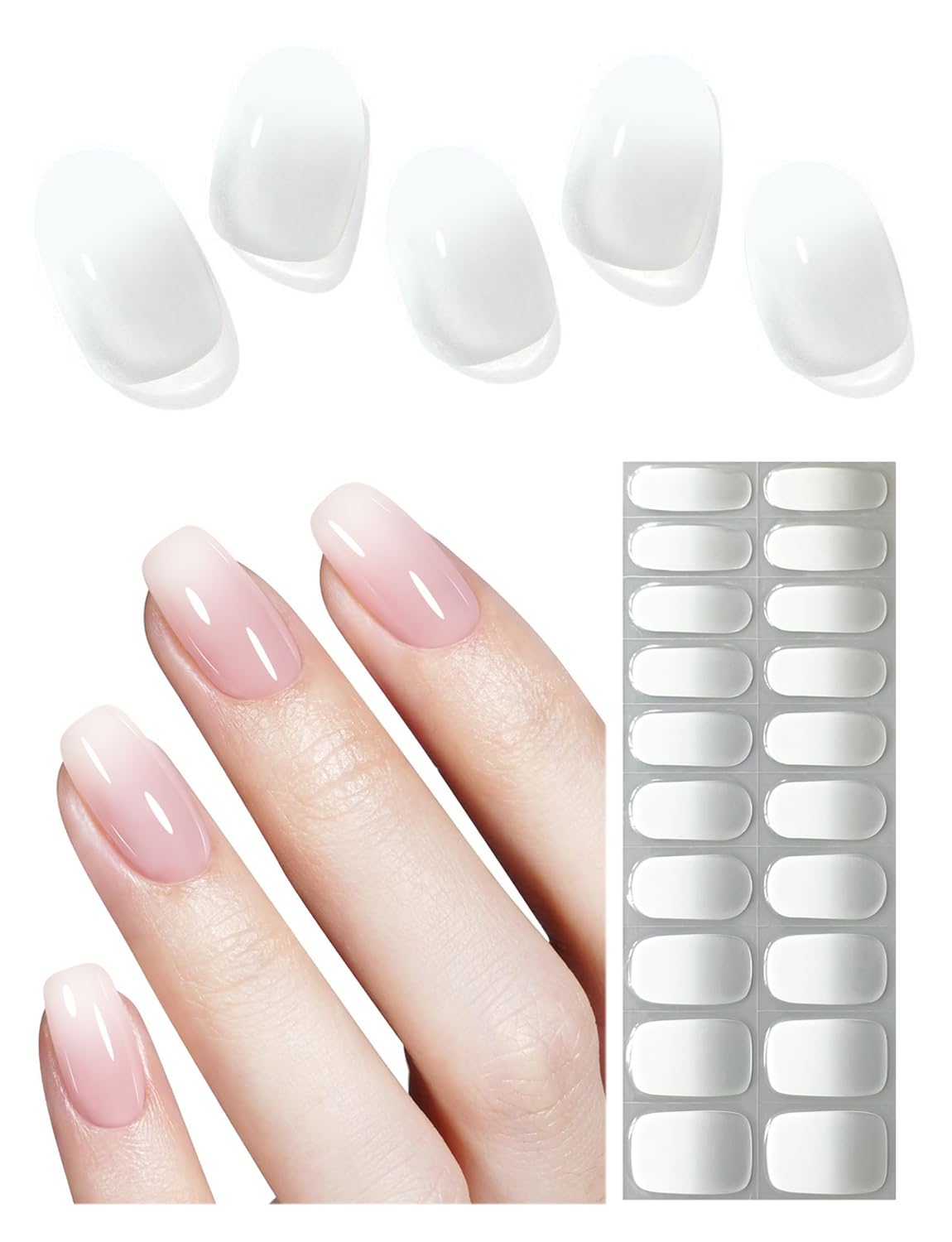 UV Gel Nail Stickers, Milky Ombre 20pcs Semi Cured Gel Nail Strips, Wraps for Home Manicure DIY