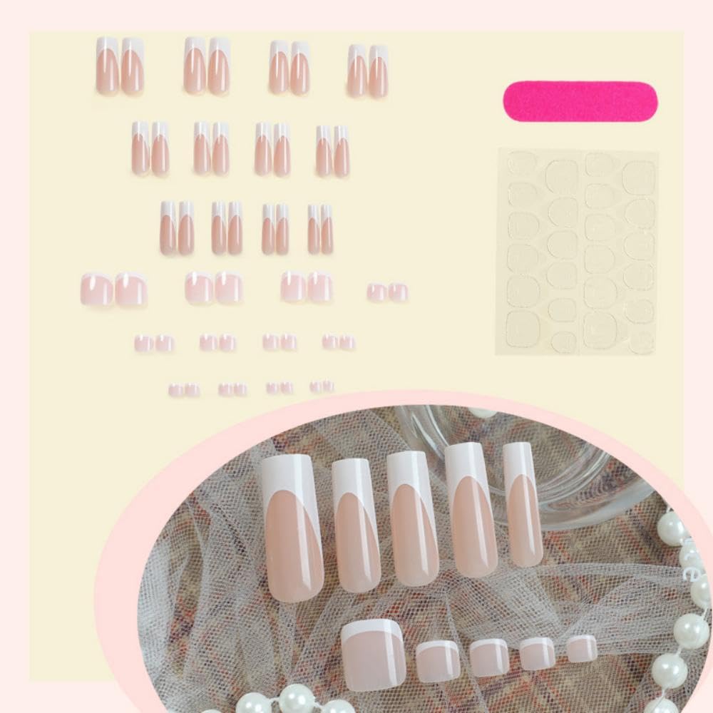 48Pcs White French Tips Press on Nails Nude Pink Press on Toenails Medium Long Square Glue on Nails with Designs Full Cover Skintones False Nails Glossy Summer Fake Toenails for Women DIY Manicure