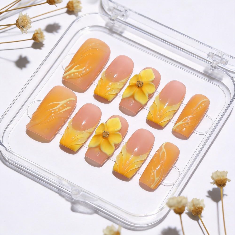 Vokupoga Square Press on Nails Handmade Medium French Tip Fake Nails with 3D Flower Designs Glossy False Nails for Women 10Pcs(Size M)