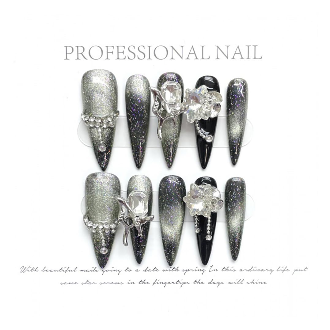 JIEADJIE Press On Nails (100% Handmade),Length Version,Handmade Painted Nail Art by Nail Technician,Luxury Party and Holiday Styles (Black Flash Silver, Medium)