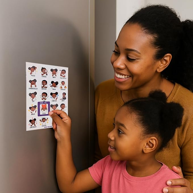 Daily Vibe Check Magnet - Black Feelings & Emotions Chart - 8.5” x 5.5” - Two-Piece Magnet Set (Child)
