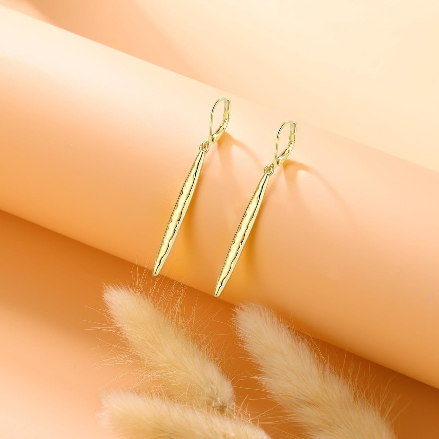 Hammered Long 14K Gold Dangle Earrings for Women Lightweight Leverback Drop Earrings Jewelry Gift