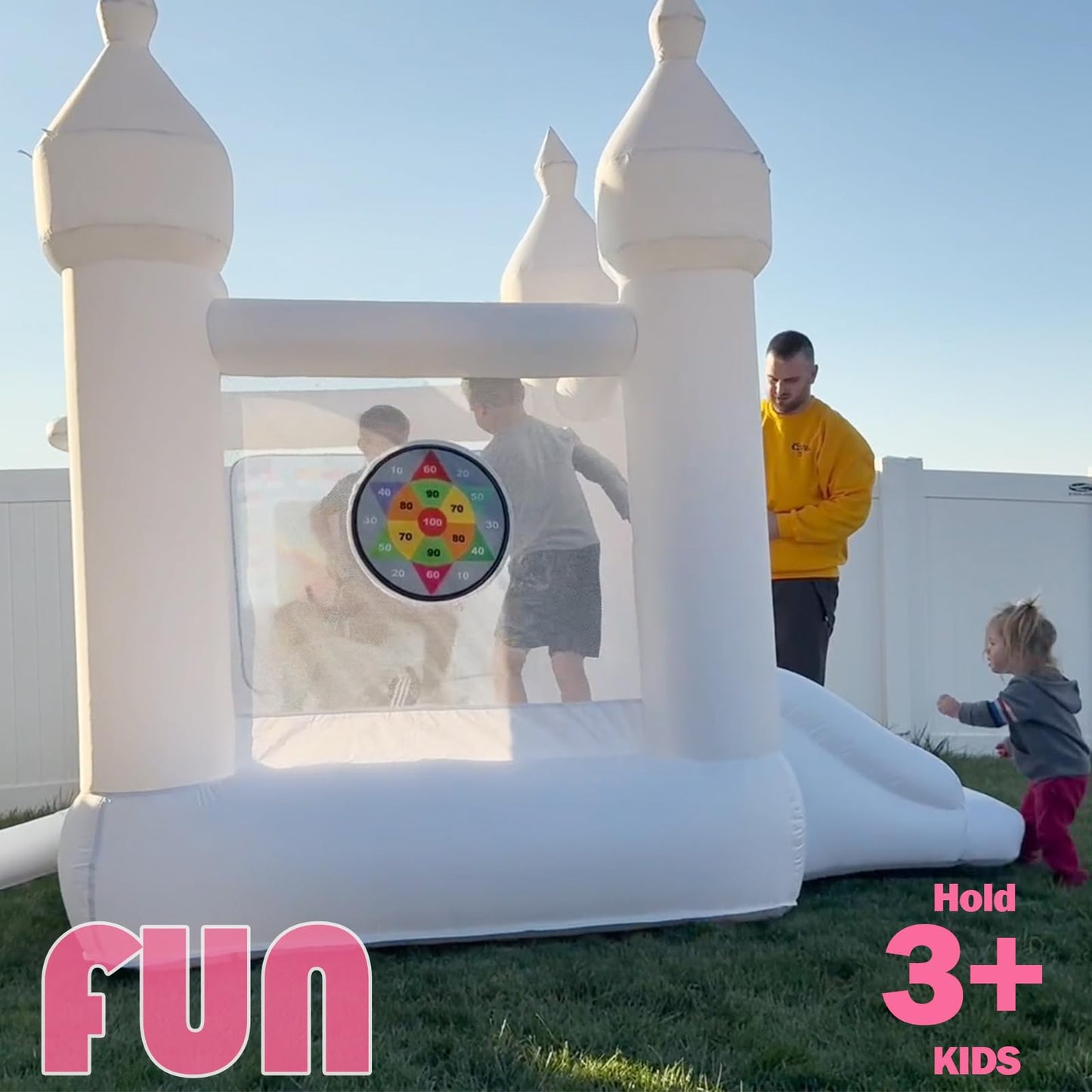 White Inflatable Bounce House for Kids, Blow Up Backyard Bouncy Castle with Slide, Water Doodle Mat, Basketball Hoop, Target & Balloons (White Bounce House Without Blower)