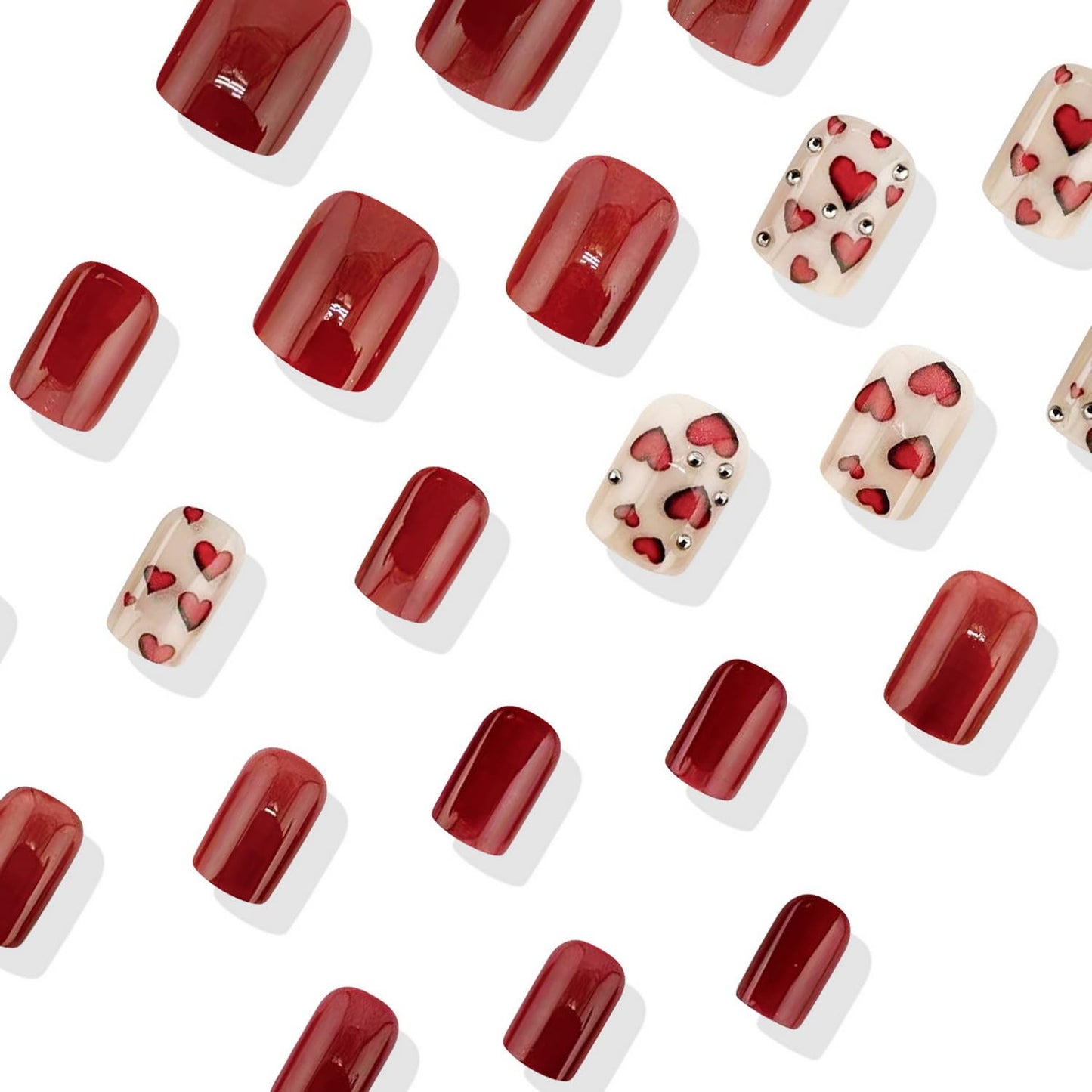 24pcs Heart Press on Nails Short Square Valentines Fake Nails Glitter Full Cover False Nails with Rhinestones Red Heart Designs Acrylic Nails Red Stick on Nails Glossy Artificial Nails for Women