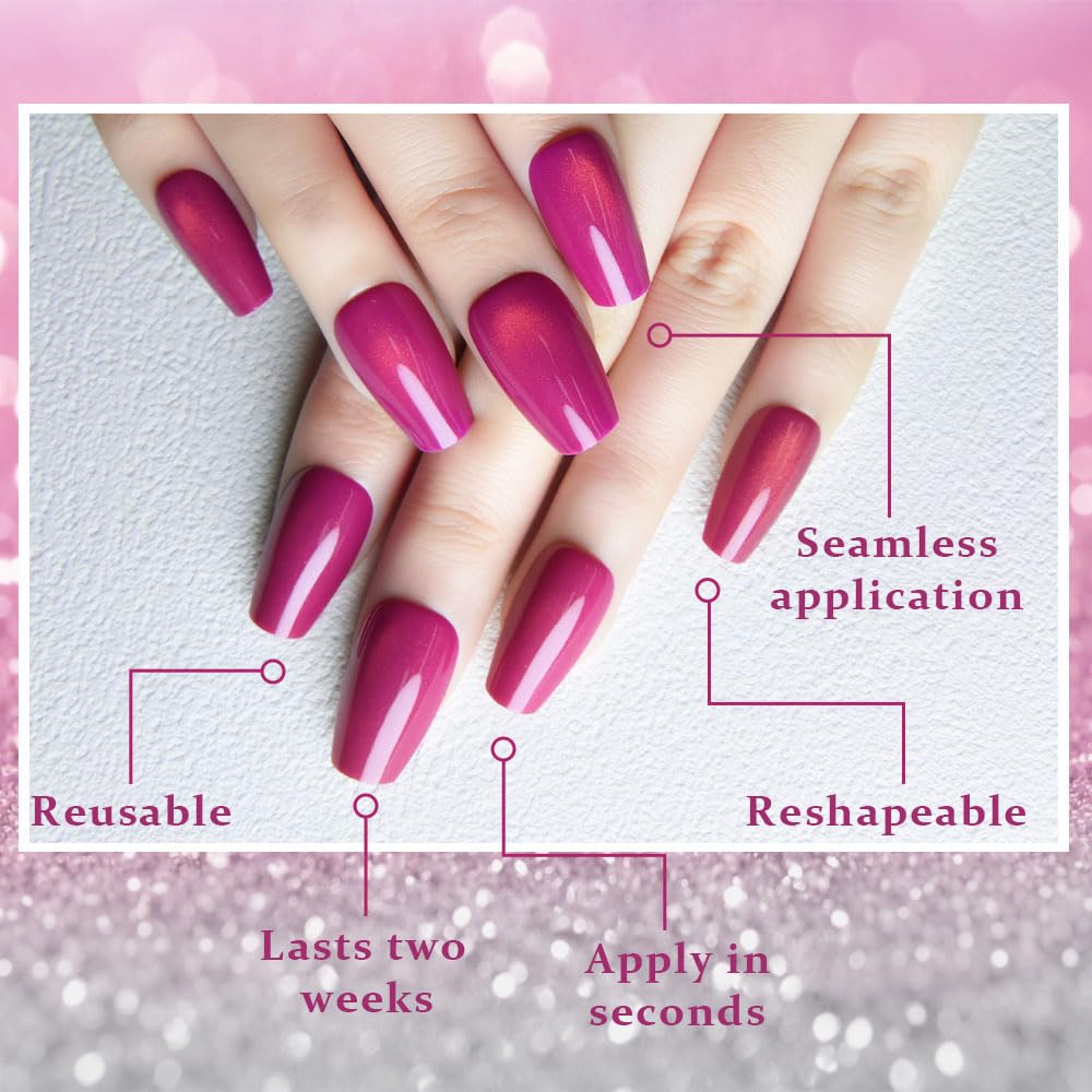 evpct Purple Red Cat Eye Coffin Press on Nails Square Medium, Medium Square Stick on Nail for Women, Purple Red Metallic Glitter Glossy Reusable Summer Soft Gel Press on Acrylic Fake Nail with Designs