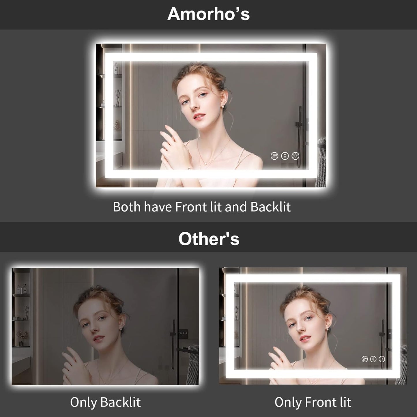Amorho LED Bathroom Mirror 36''x32'' with Front Light and Backlit, Stepless Dimmable Wall Mirrors with Anti-Fog, Shatter-Proof, Memory, 3 Colors, Double LED Vanity Mirror (Horizontal/Vertical)