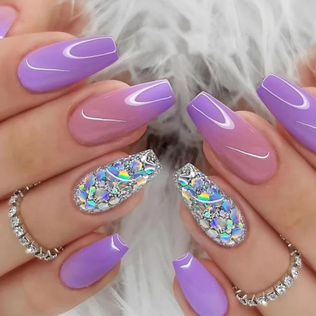 SWEKKE Medium Coffin Purple French Gradient Full Cover False Nails with Glitter Designs - Reusable Artificial Acrylic Glossy Glue on Nails for Women's Manicure