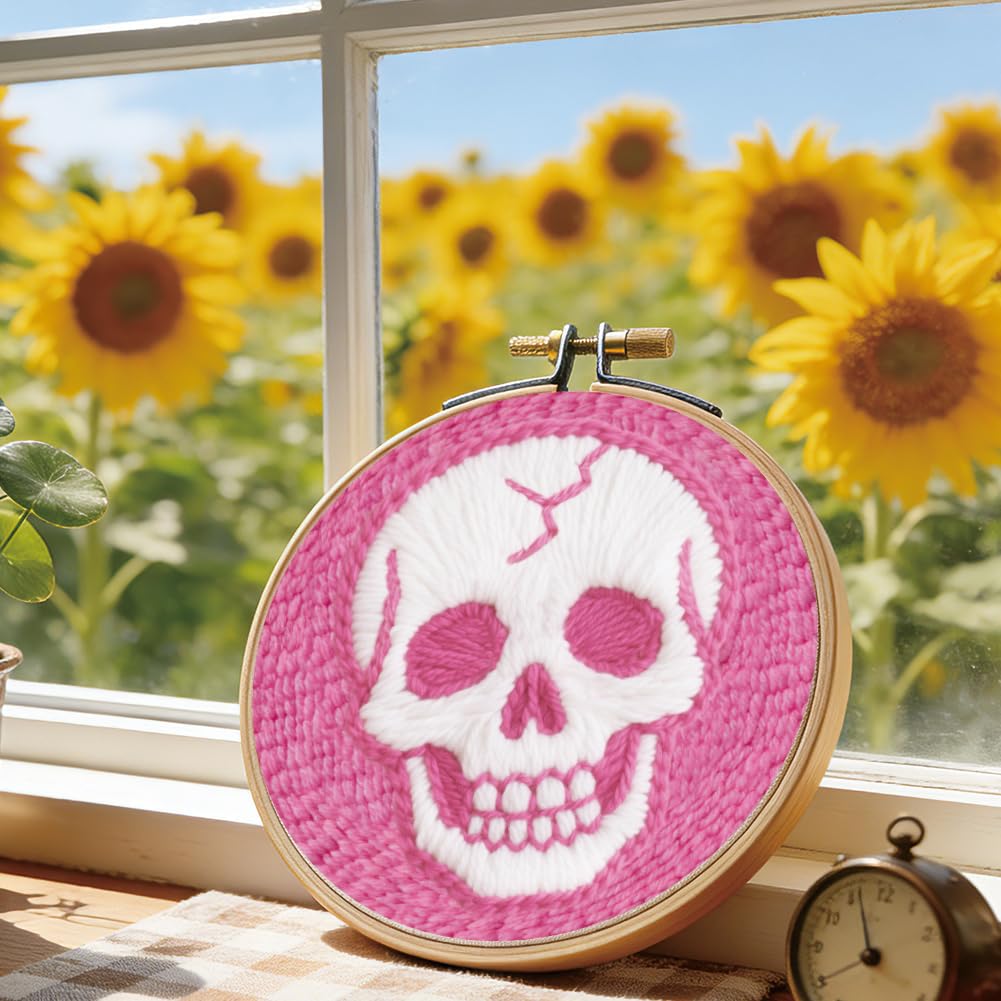 BEUNITONE Pink Skull Head Punch Needle Kit for Adults Beginners, Complete DIY Craft Needlepoint Kits with Hoop, Punch Needle Starter Craft Embroidery Set for Festival Gift and Cloth Home Decor 20x20cm