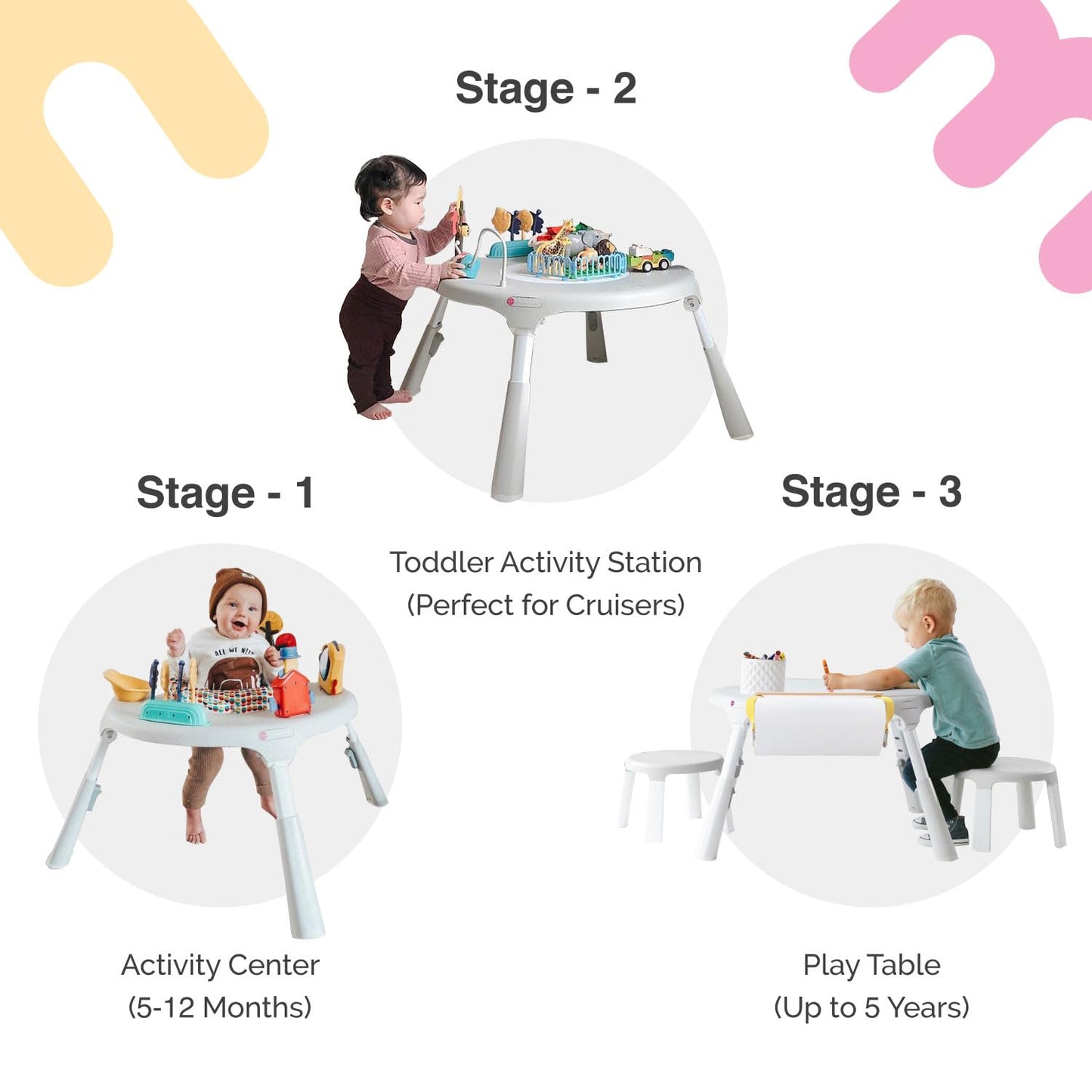 ORIBEL PortaPlay Convertible 3-in-1 Baby Activity Center & Play Table | Patented Bouncy Seat | Stable Foot Support | 5 Months+ | Development Focused Toys (Wonderland Adventure, Grey)