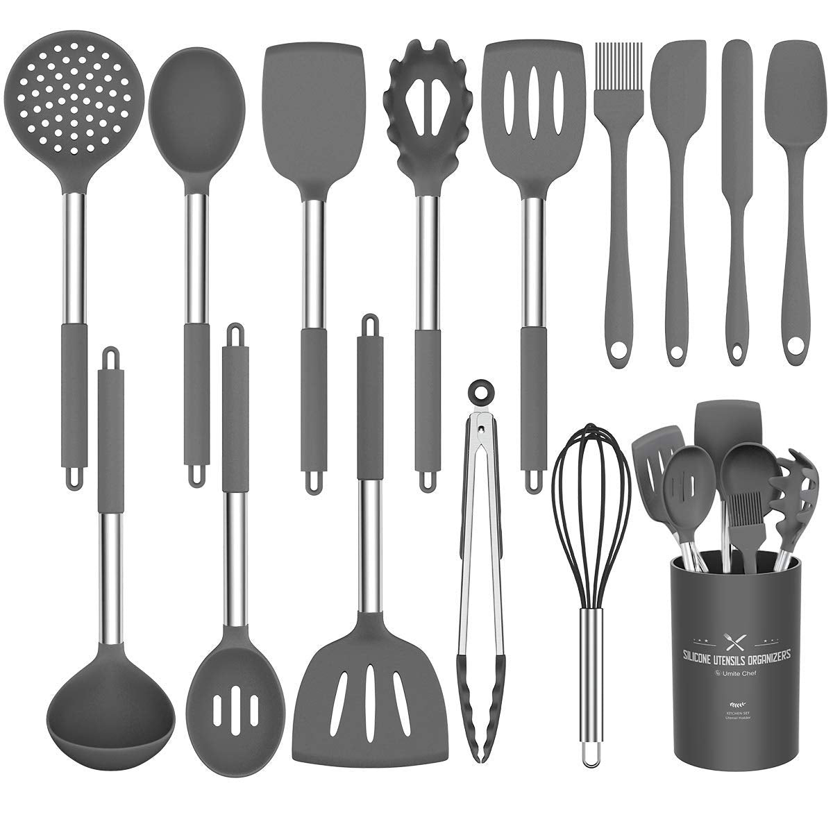Stainless Steel Kitchen Cooking Utensil Set, Umite Chef 15 pcs Cooking Utensils - Nonstick Kitchen Utensils Cookware Set Spatula Set -Kitchen Gadgets Utensils Set, Kitchen Tools Gift (Gray)