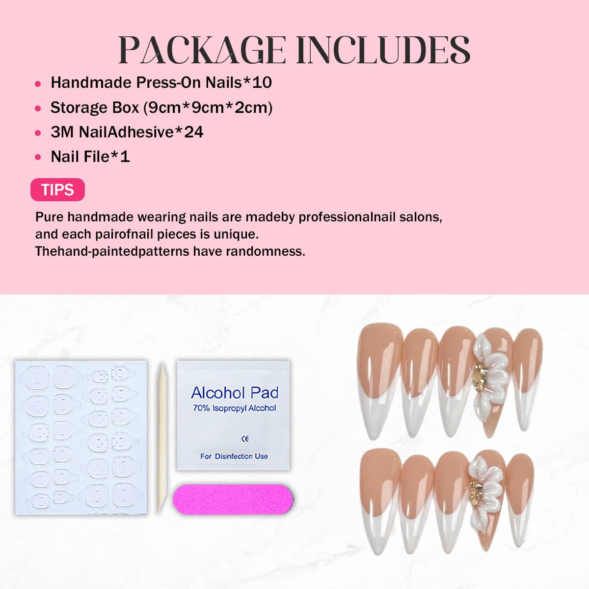 Stiletto Almond Press on Nails White French 3D Embossed Flower Fake Nails Medium Handmade Press on Nails Thick Acrylic and Muti-Layer Gel False Nails Stick on Nails DIY Art Decorate for Women (S)