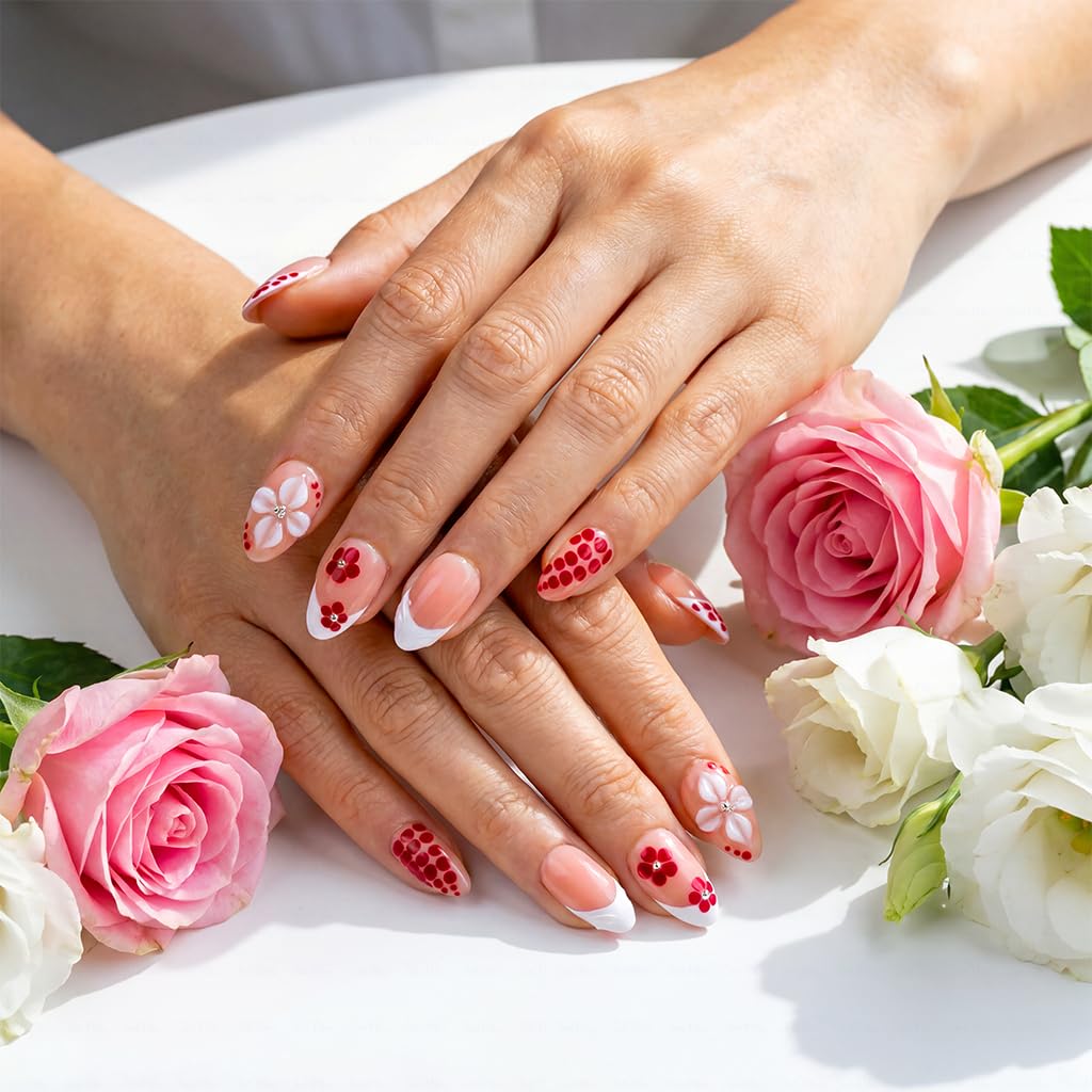 IntoVibes 10 Pieces Handmade Short Almond Press On Nails, Pink Thickened False Nails, Red Dots And 3D Flower, Reusable Fake Nails Almond, Reusable Acrylic Nails (M)