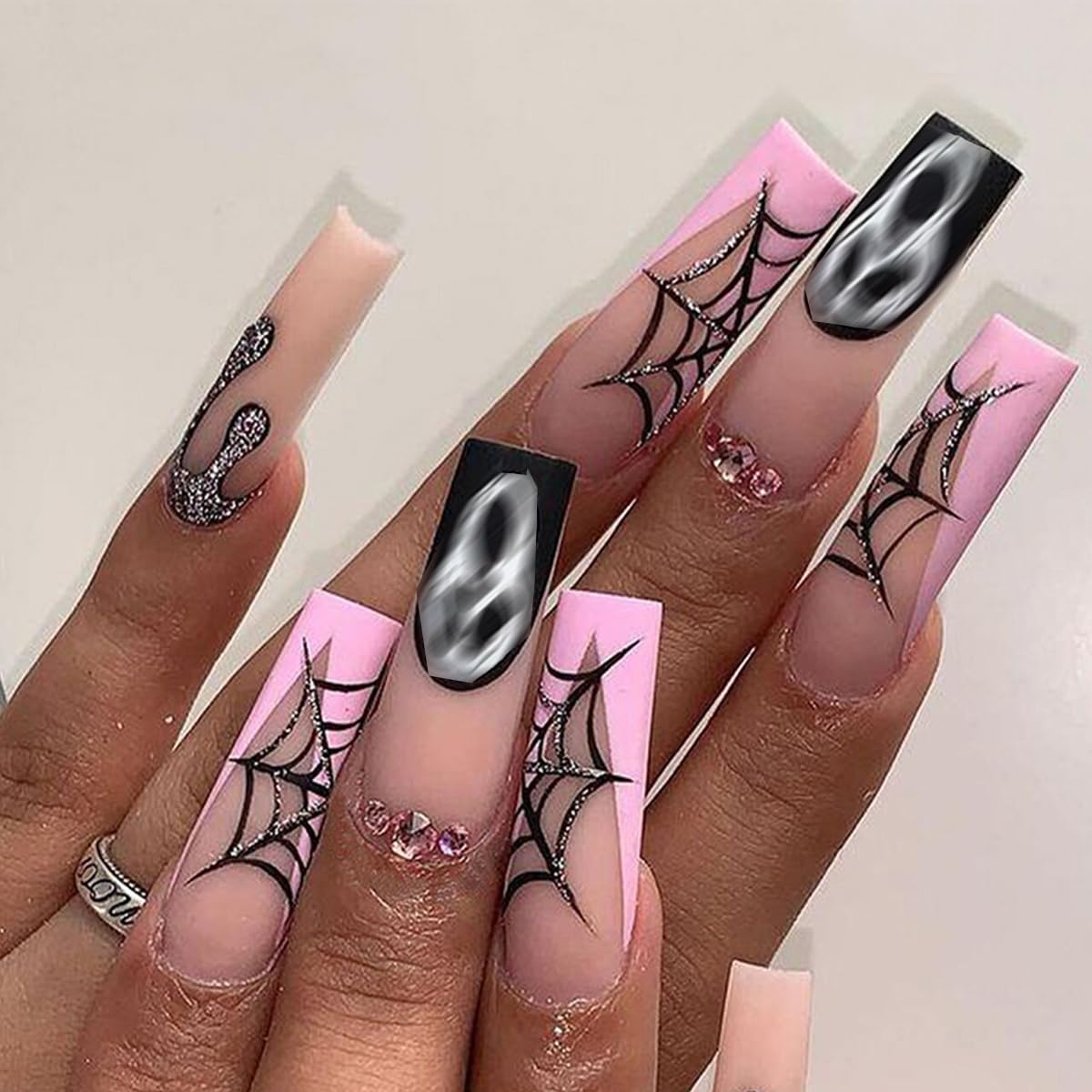 Halloween Press on Nails Long Square Fake Nails with Design Spider Web Glue on Nails Ghost Drop Stick on Nail Full Cover Coffin Acrylic Nail Press ons for Women Manicure 24 Pcs