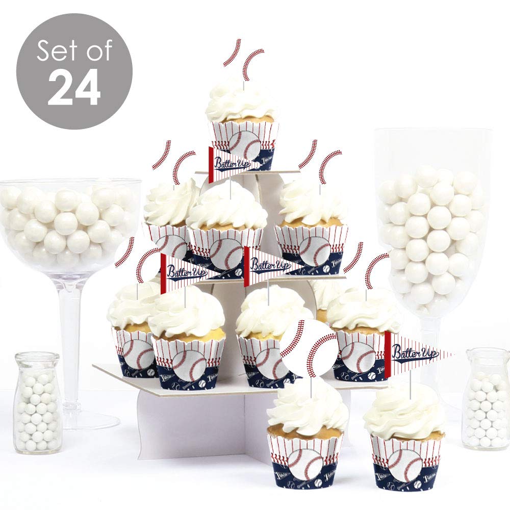 Big Dot of Happiness Batter Up - Baseball - Cupcake Decoration - Baby Shower or Birthday Party Wrappers and Treat Picks Kit - Set of 24
