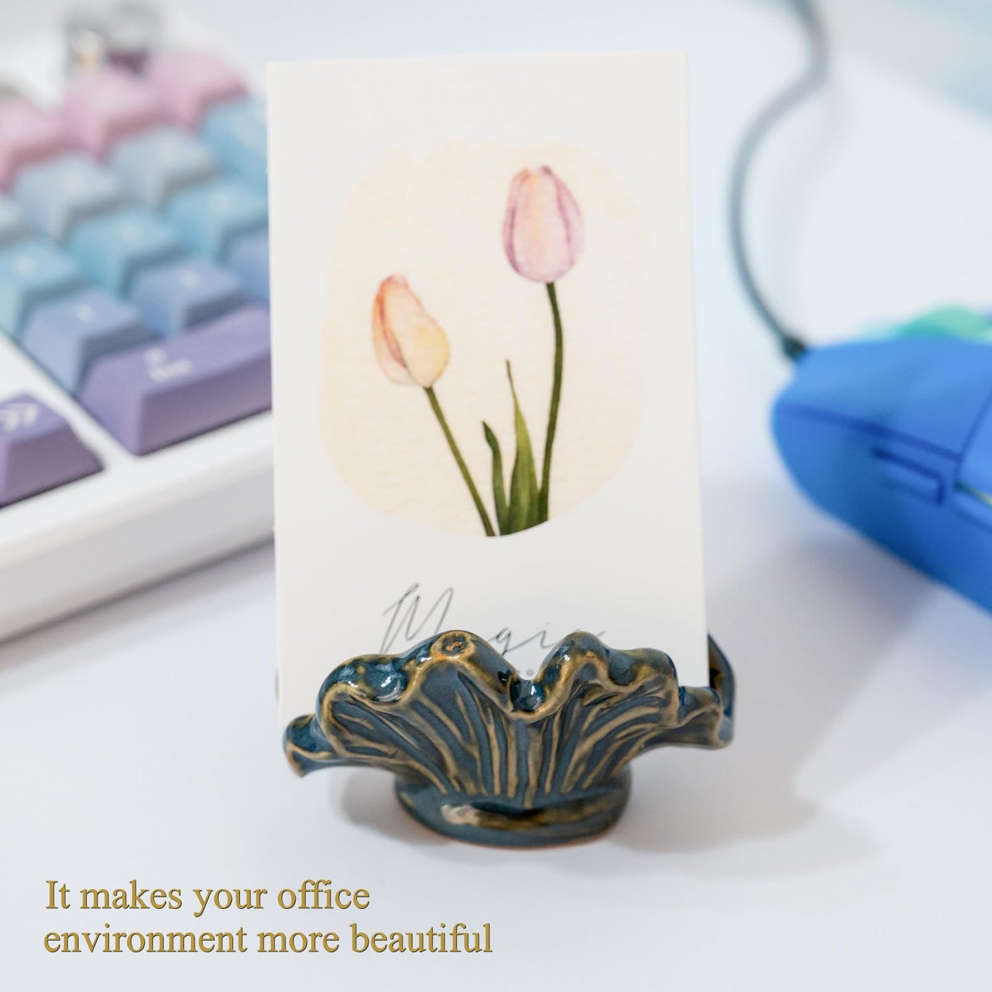 wowhalolo Ceramic Shell Business Card Holder Set of 3 - Pink, White, Blue - Boho Vertical Desk Organizer and Business Card Display for Office,Wedding,Home Decor- Cute Desk Accessories and Unique Gift
