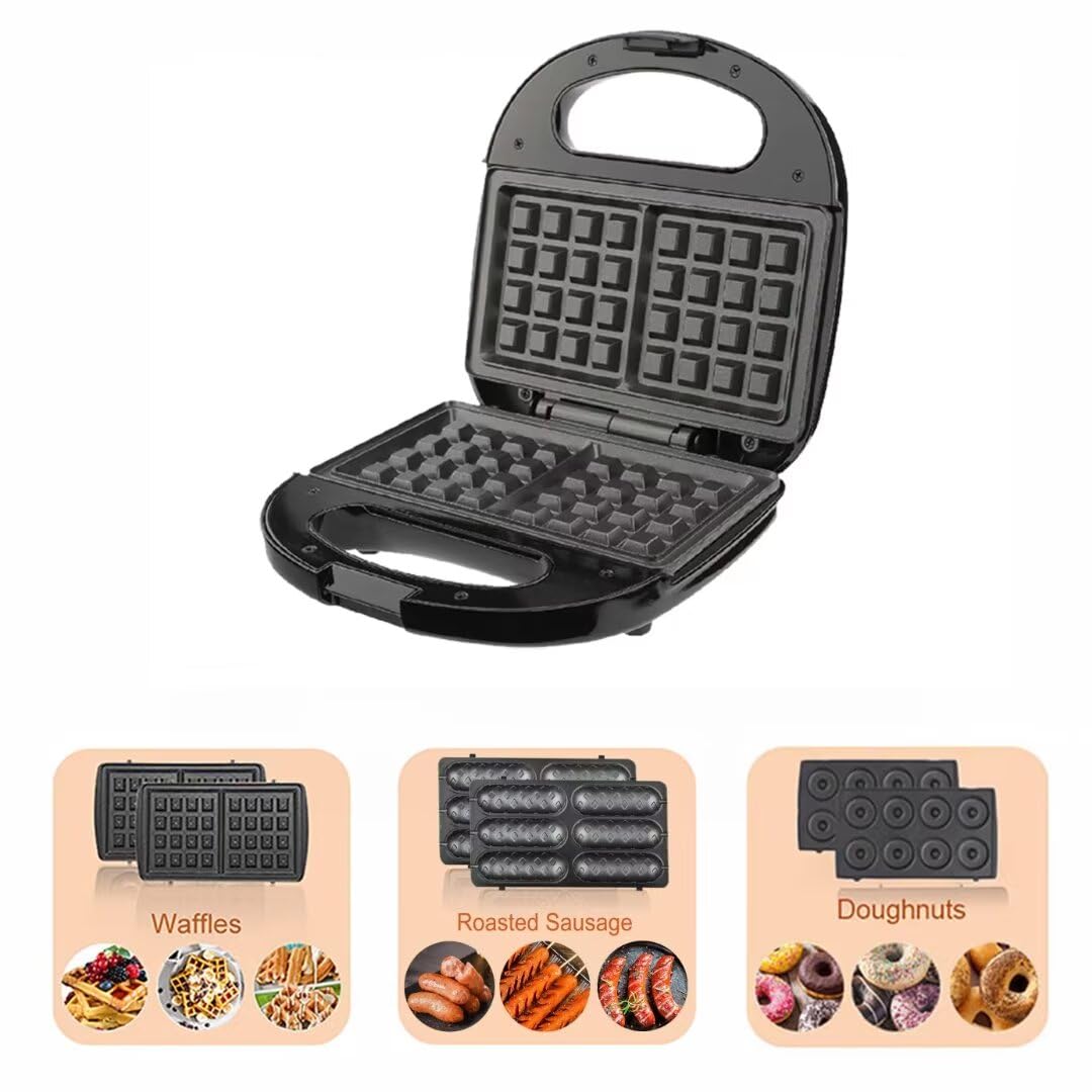 Waffle Maker,Donut,Hot Dog Machine Set,3-in-1 Multifunctional Breakfast Maker Machine with Iron Removable Plate Mold for Home,Kitchen,Cake,Paninis,Nut,Steaks,Grill,Lunch,Snacks or Dessert