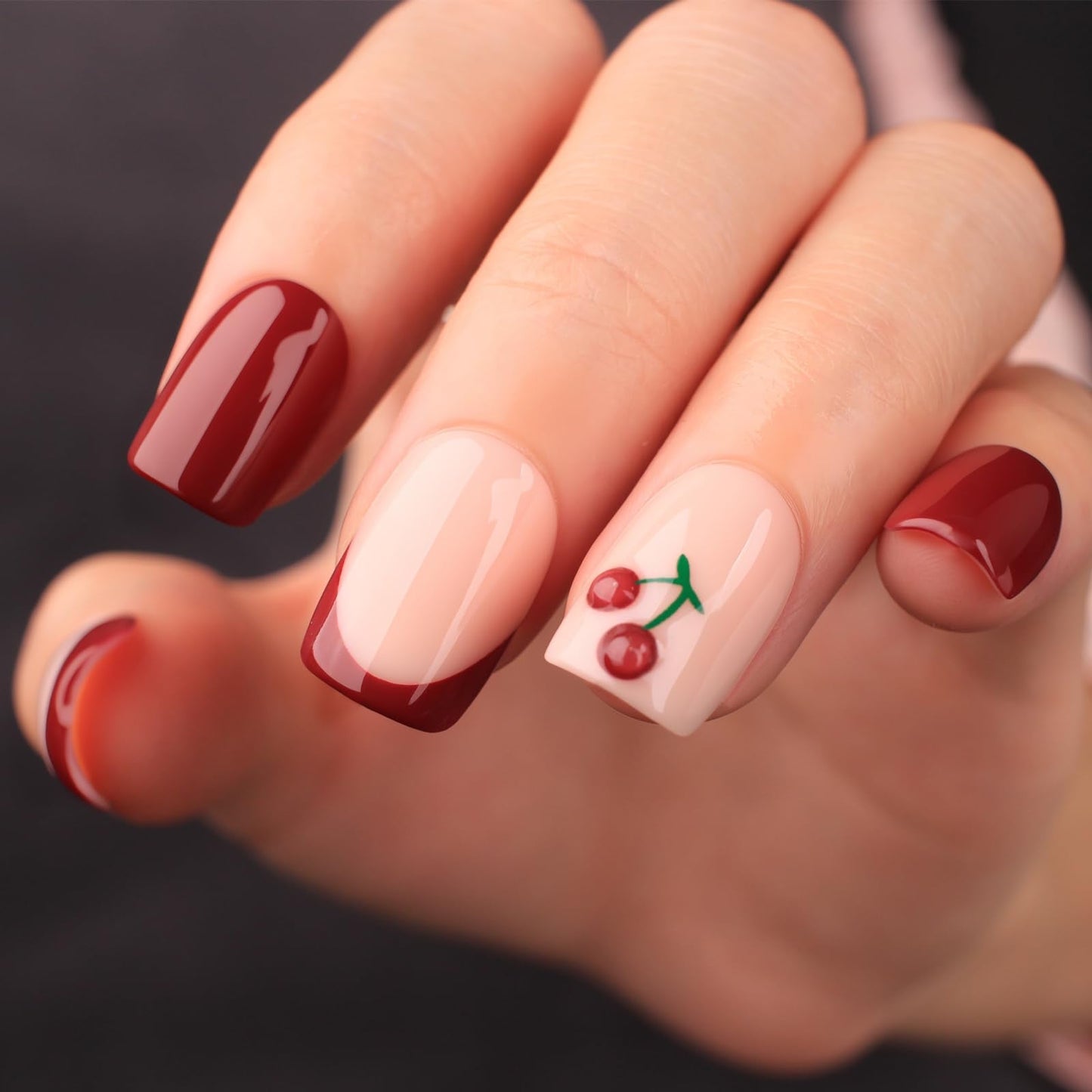 Mivota Cherry Press On Nails Short Square Shape Glossy French Tip Fake Nails with 3D Cherry Design, 30PCS Reusable Acrylic Stick On Nails, Cute Red & Pink False Nails for Women