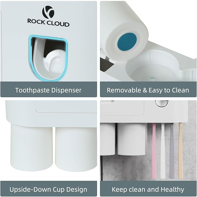 ROCK CLOUD Toothbrush Holder Wall Mounted Automatic Toothpaste Dispenser Squeezer Kit Saving Space, 4 Toothbrush Slots,2 Cups and Drawers for Bathroom