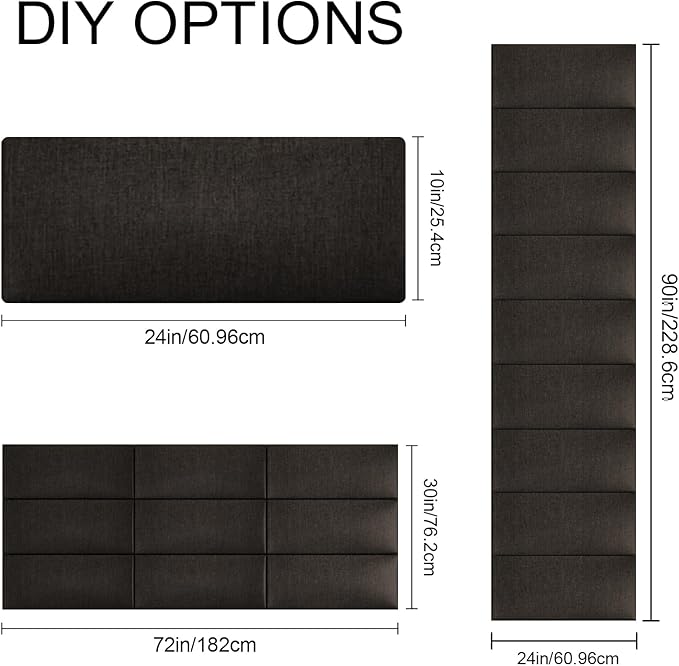 Upholstered Wall Mounted Headboard, 3D Soundproof Wall Panels Peel and Stick Headboard for Queen Size, Tufted, Black (9 Panels, 10" x 24")