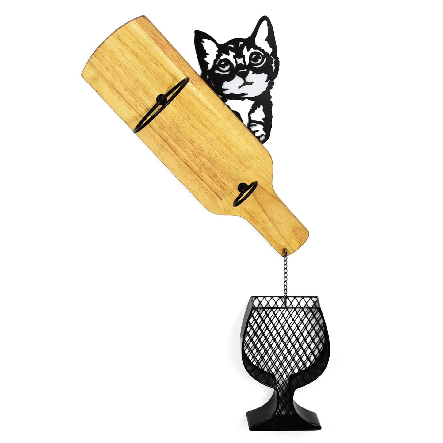 Drincarier cat Wine Rack Wall Mounted with Cork Holder, Hold 1 Bottle and Some Corks, Creative Metal & Wood Wall Wine Rack with Wine Cork Holder (Black)
