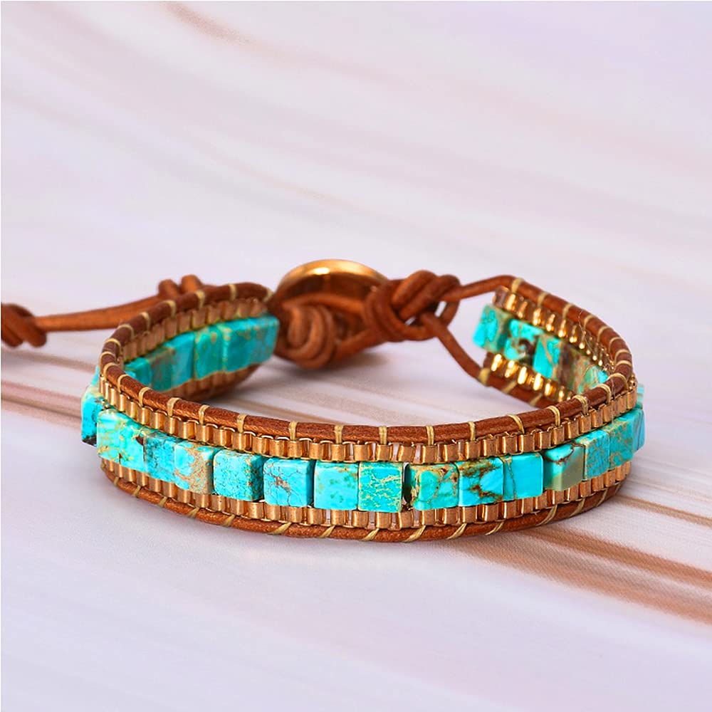 CJMILADO Mens Genuine Leather Bracelet - Handmade Adjustable Leather Cuff Bracelet punk Style leather wrap Wristband for Men (W-Turquoise Bead)