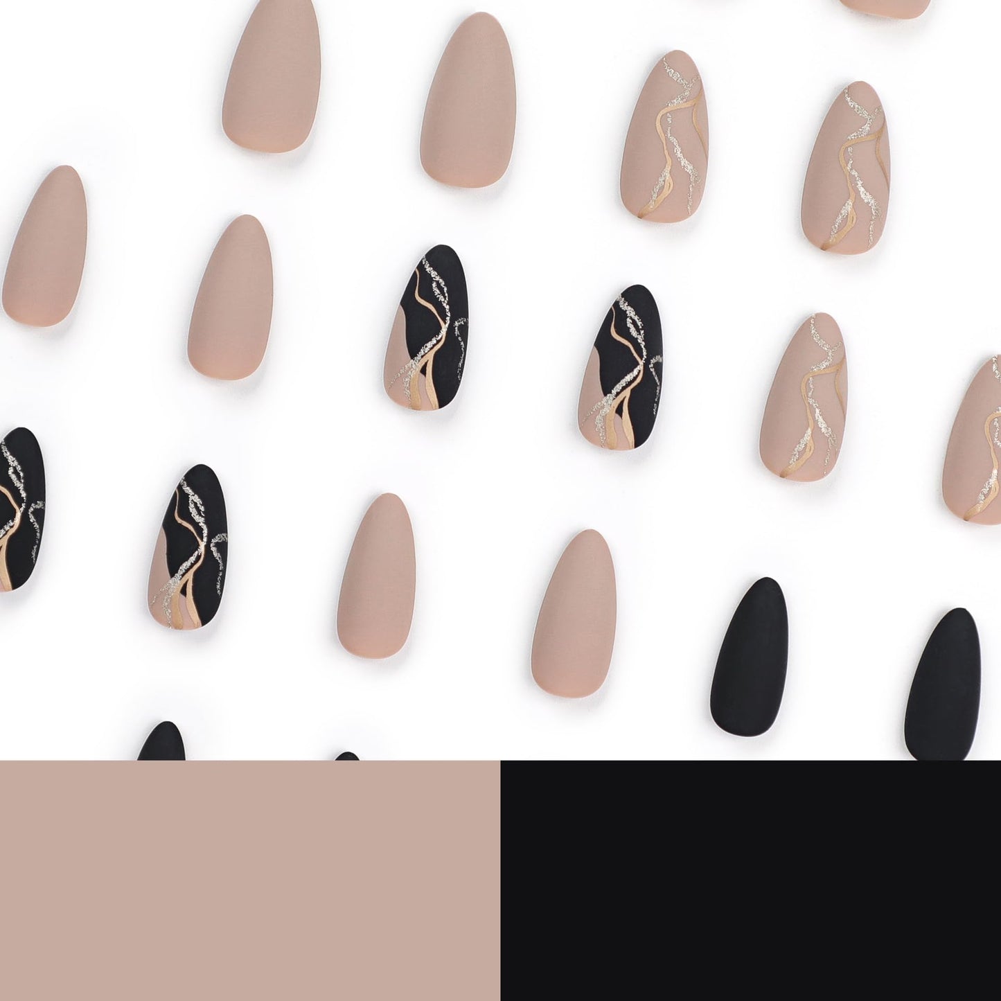 IMSOHOT Almond Press on Nails Medium French Tips Fake Nails Matte Coffee Brown Acrylic False Nails with Gold Foil Designs Full Cover Fall Black Stiletto Nails Glue on Nails for Women 24Pcs