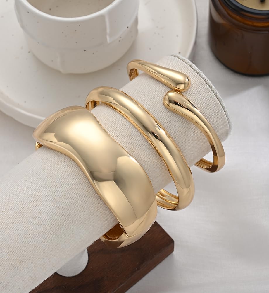 Chunky Gold Bangle Bracelets for Women, Dainty 14k Gold Plated Big Stackable Bangles Set, Trendy Statement Cuff Bracelet Stack Fashion Jewelry Gifts (3 Chunky & thin bangles)