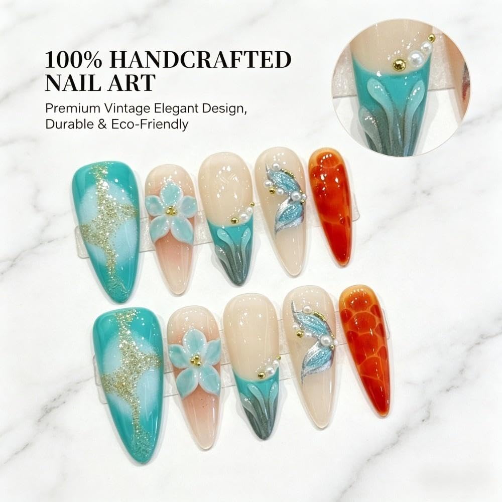 Vokupoga Long Almond Press on Nails Handmade Fake Nails French Stiletto False Nails with 3D Flower Designs Glossy Artificial Nails for Women 10Pcs(Size M)