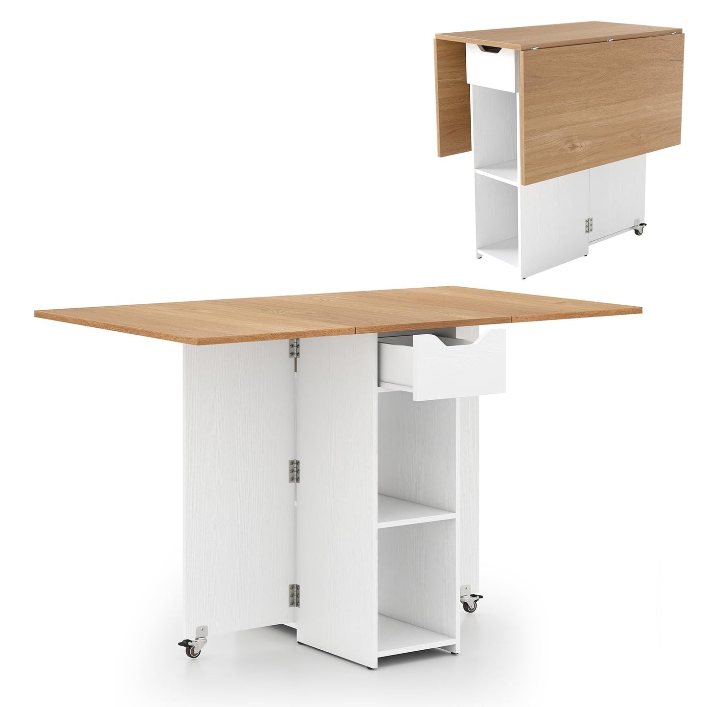 GOFLAME Drop Leaf Dining Table for 2-4, Folding Kitchen Table with Open Shelves & Drawer, Lockable Wheels, Space Saving Extendable Table for Dining Room, Living Room, Small Space, Natural & White