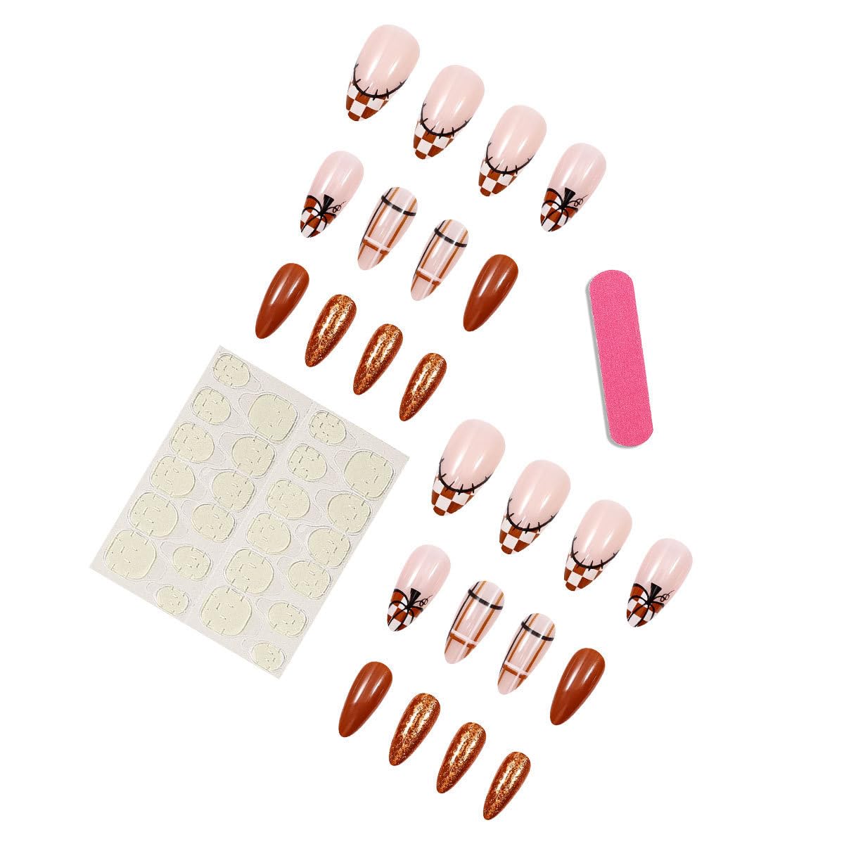 Thanksgiving Pumpkin Press on Nails Medium French Tip Fake Nails with Checkerboard Designs Fall Full Cover Glue on Nails Nude Pink Reusable Autumn Almond False Nails for Women Manicure Kit