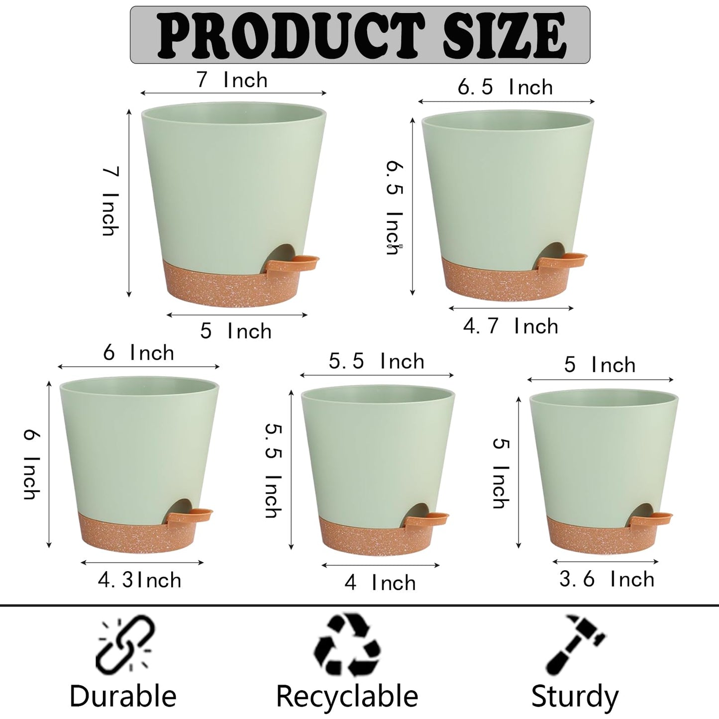 SE SUN-E Self Watering Planters for Outdoor Plants 7/6.5/6/5.5/5Inch 5Pack Flower Pot for House Plants Green Indoor Plastic Pots Plant Pots Succulent Pots with Drainage Hole and Deep Reservoir