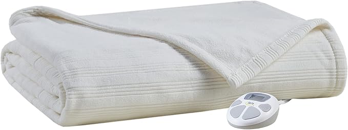 Serta Travis Fleece Ultra Soft Tri-Rib Textured Electric Blanket, Cozy and Snuggly Cover Fast Heating for Cold Weather, Auto Shut Off, Multi Heat Setting Controller, Twin, Cream