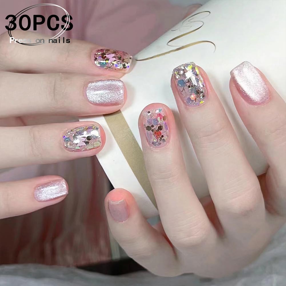 WAFOLOZE Press On Nails Short Square Fake Nails With Glue, Ice Crystal Stone Cat's Eye Nail Press Ons With Exploding Sparkles Design, Artificial False Nails Stick On Nails for Women-30Pcs