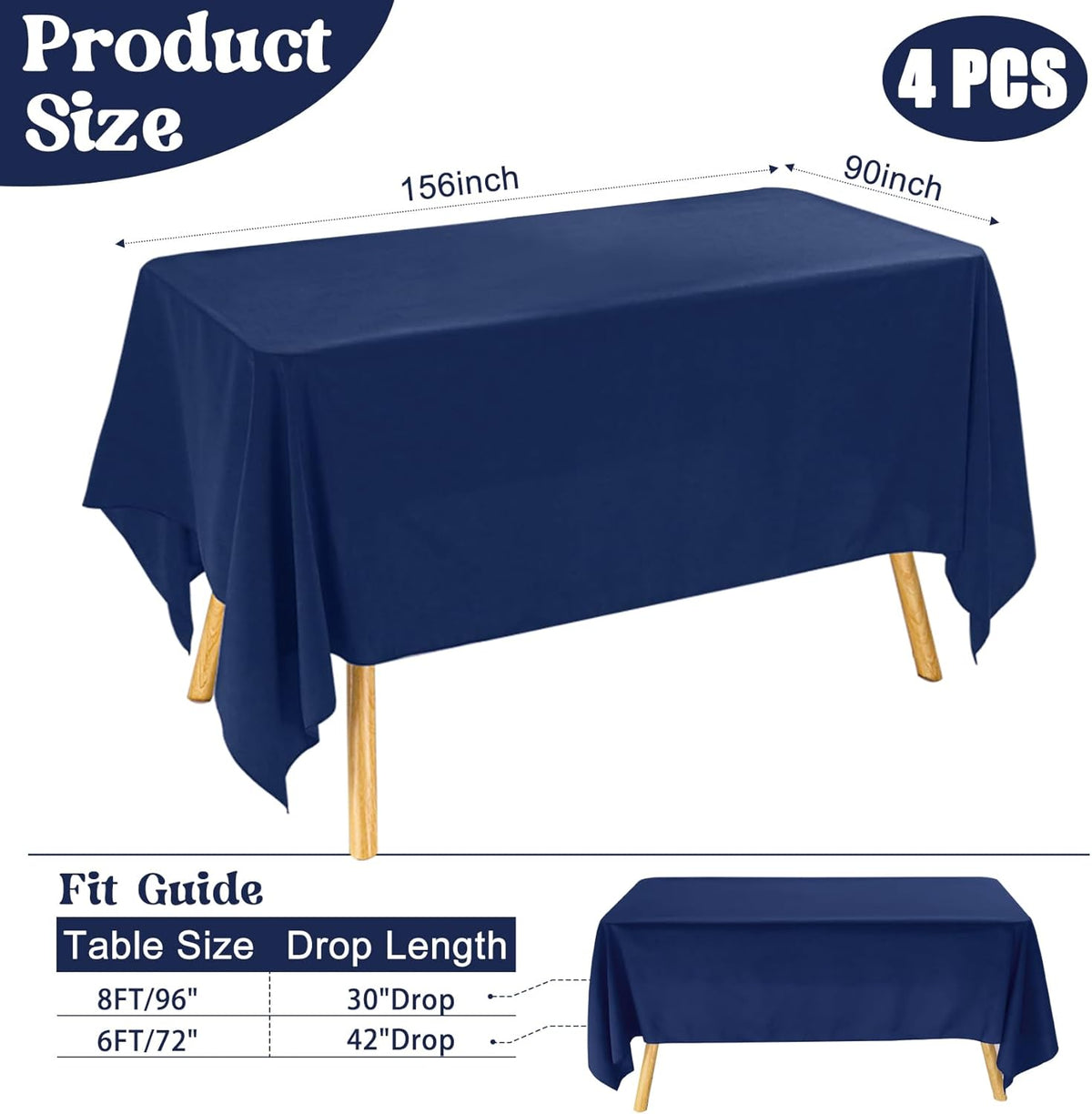 4 Pack Rectangle Tablecloth 90x156Inch Navy Blue Polyester Table Cover for Wedding Dining Table Buffet Parties Banquet Decoration（Navy Blue）