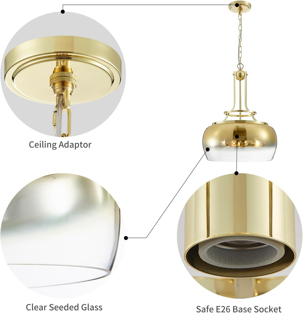 WUZUPS Gold Chandelier Rustic Farmhouse Industrial Round Ceiling Pendant LED Light Fixture with Gradient Glass Shade for Dining Room Kitchen Island Foyer Entryway, H 20.9" W 15.9", E26 Base