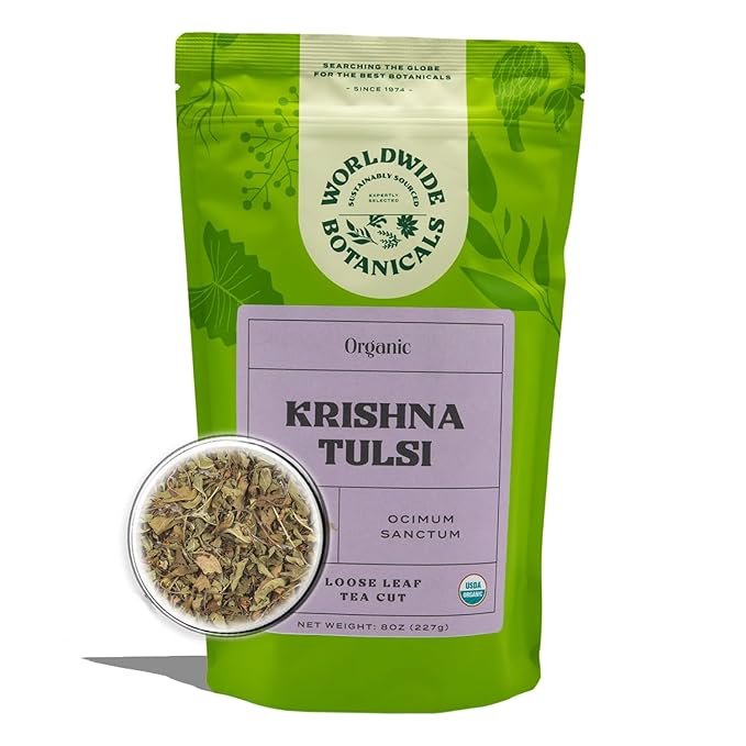 Worldwide Botanicals Organic Holy Basil Tea, 8oz - Tulsi Krishna - Loose Leaf Premium Herbal Tea, 100% Pure Tulsi Holy Basil, Fair Trade, Adaptogenic, Kosher