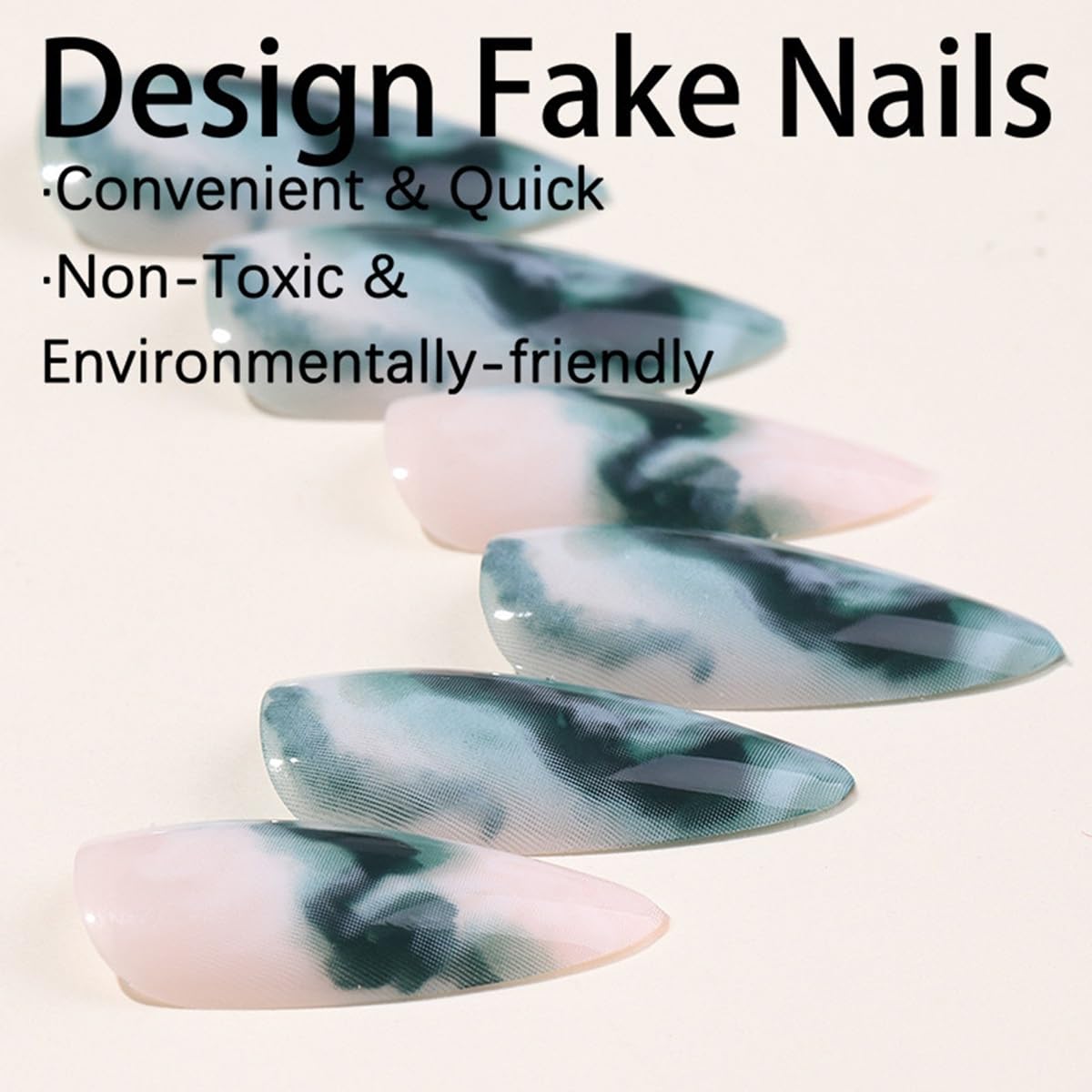 CTTHNBD Press On Almond Medium Green False Nails with Gradient Marble Design - Glossy Acrylic Full Cover Glue on Nails - 24 Pcs