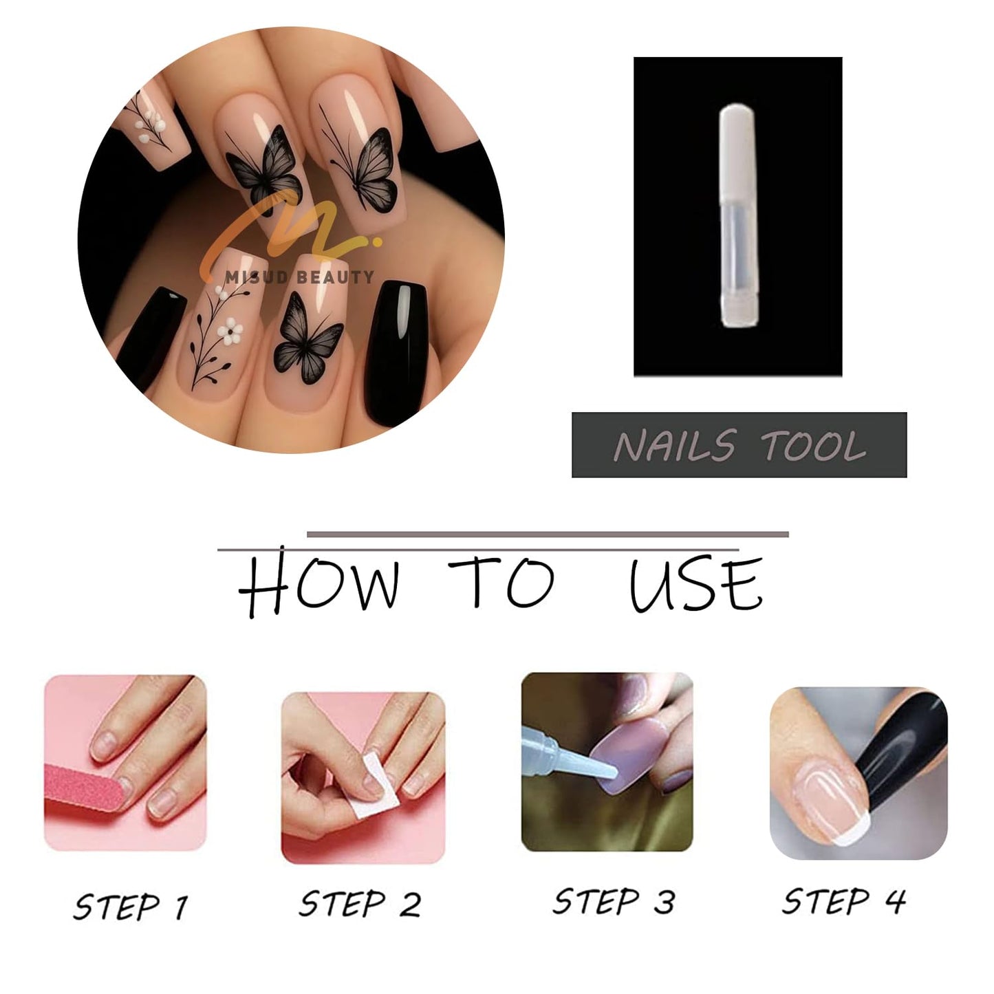 MISUD Press on Nails - Long Coffin Fake Nails with Black Butterfly, Acrylic Nude Design 24 pcs